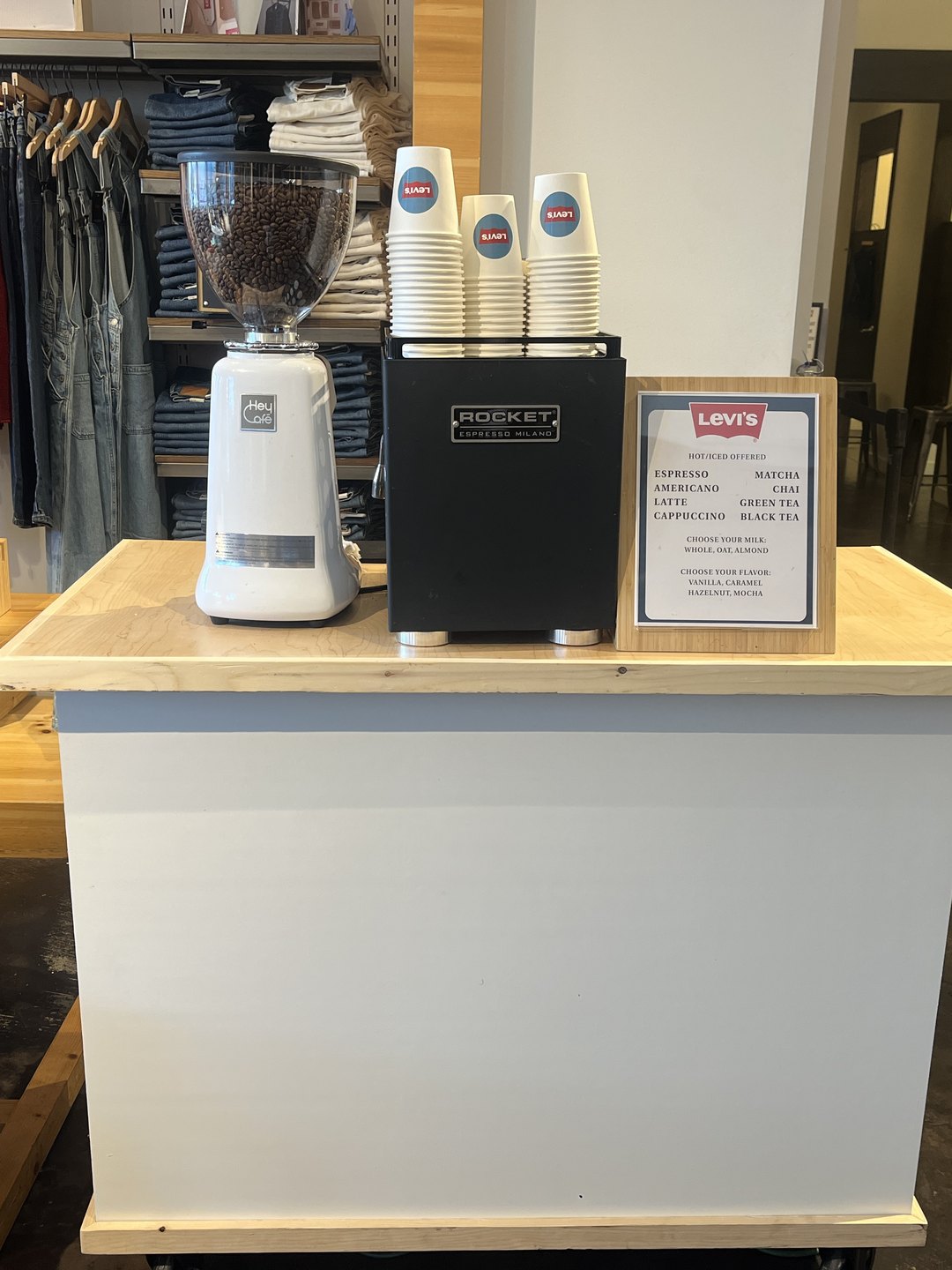 58 Hester custom-branded coffee cart with Levi's cups and menu at a retail brand activation