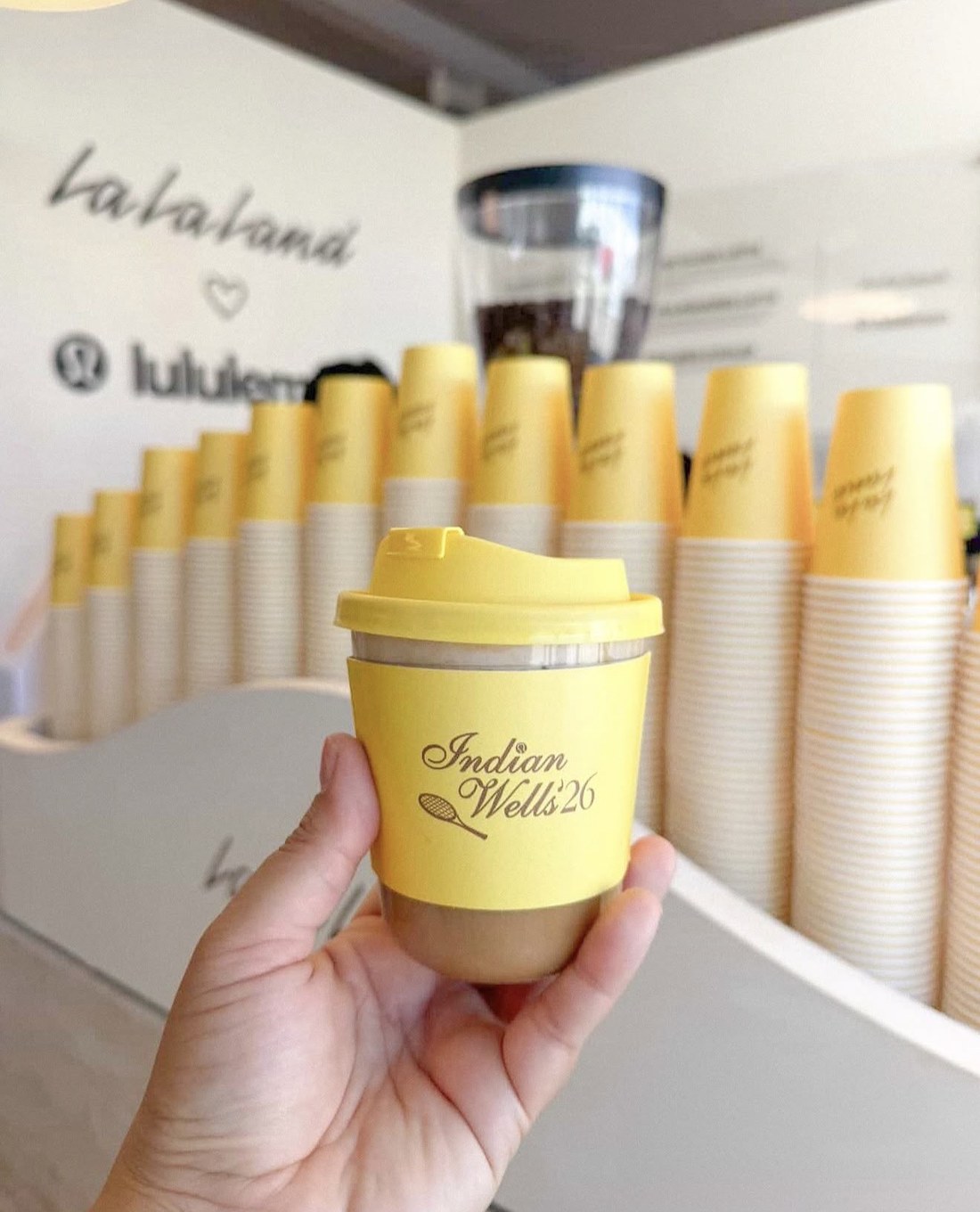 58 Hester custom-branded coffee cups at the la la land x Lululemon Indian Wells brand activation